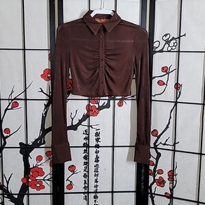 Beige Botany Cropped  Slinky Brown Ruched Button Up